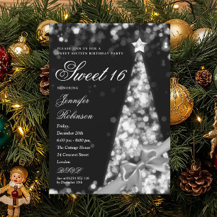 Modern Silver Xmas Tree Ribbon Sweet 16 Birthday  Invitation