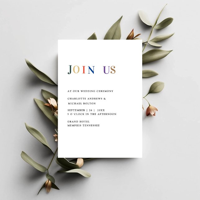 Modern, simpel, frisch Hochzeit Invitation (Minimal, modern, white, wedding invitation card with colorful typography. 
)