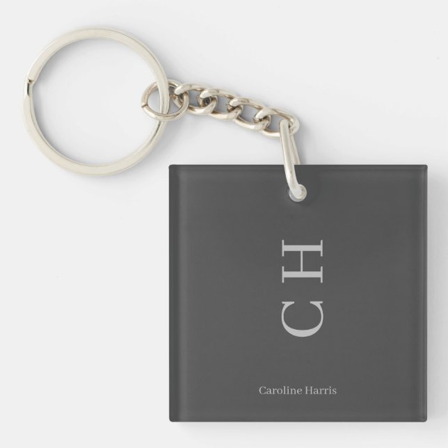 Modern Simpel Name & Initials Grey Key Ring (Front)