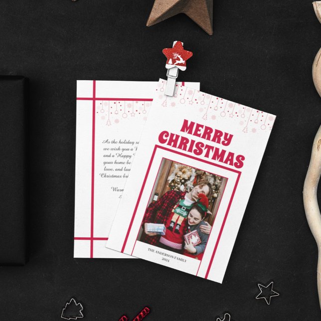 Modern Simple 1 Photo + Quote Red Frame Christmas Holiday Card (Modern Elegant Red Frame Merry Christmas Photo Holiday Card)