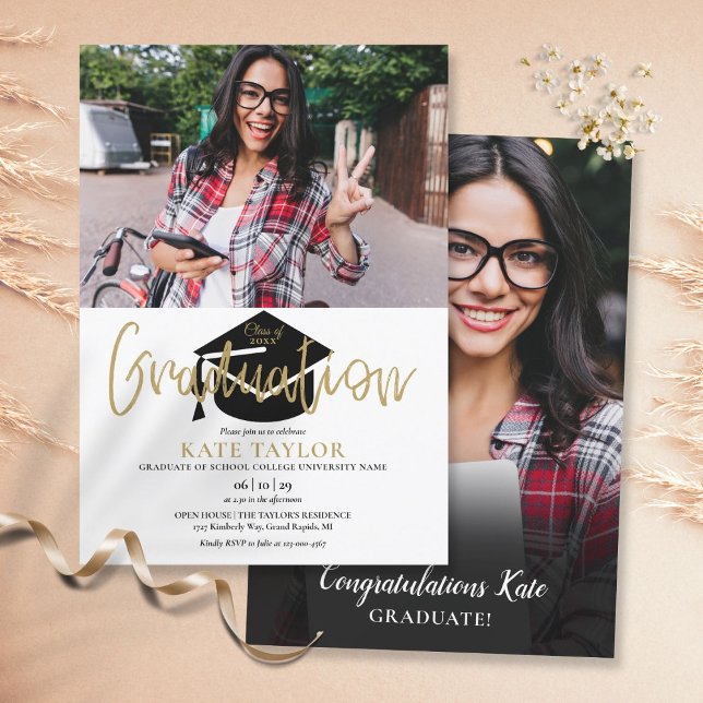 Modern Simple 2 Photo Gold Script Graduation Party Invitation (Creator Uploaded)
