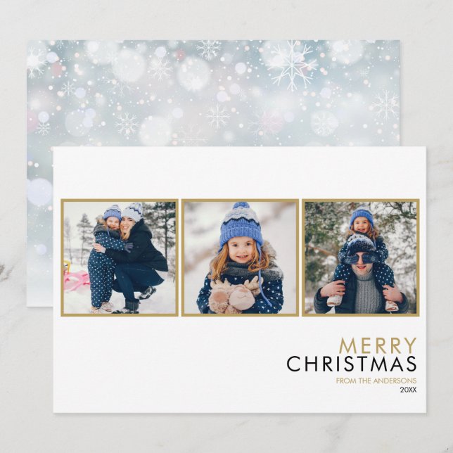 Modern Simple 3 Photo Collage Family Christmas Holiday Card (Front/Back)
