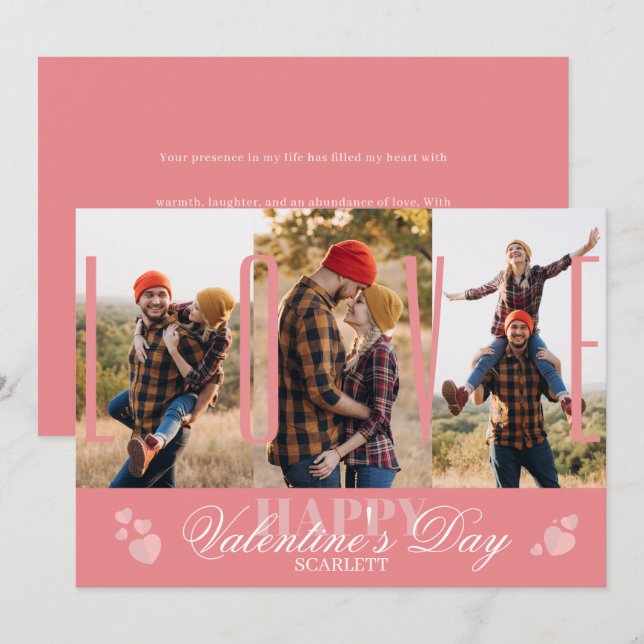 Modern Simple 3 Photo Collage Pink Valentine’s Day Holiday Card (Front/Back)