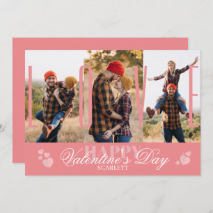 Modern Simple 3 Photo Collage Pink Valentine’s Day Holiday Card