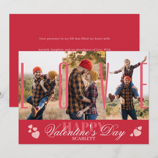 Modern Simple 3 Photo Collage Red Valentine’s Day Holiday Card (Front/Back)