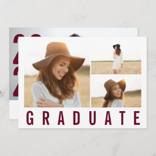 Modern simple 3 photo graduation simple burgundy a announcement