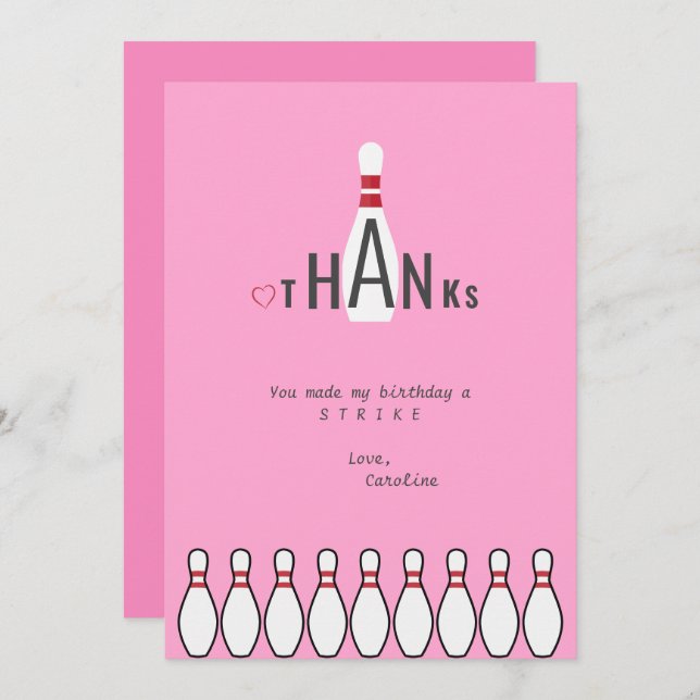 Modern Simple Any Age Pink Bowling Birthday Party Thank You Card (Front/Back)