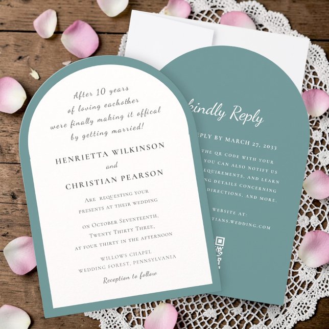 Modern simple Arch Blue Wedding Invite QR rsvp (Creator Uploaded)