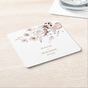 Modern Simple Autumn Dried Floral & Leaves Wedding Square Paper Coaster