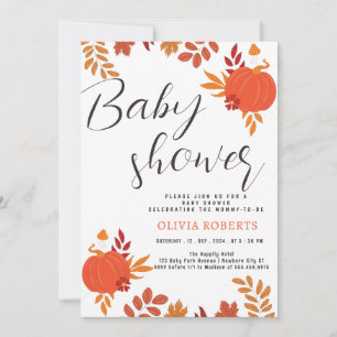 modern simple autumn Pumpkin leaves Baby Shower Invitation
