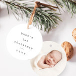 Modern Simple Baby First Christmas Baby Photo Ceramic Ornament<br><div class="desc">A Modern Simple Baby First Christmas Baby Photo Ornament features minimalist type on the front in black and white and newborn photo on the back. Click the edit button to customise this design with your details and photo.</div>