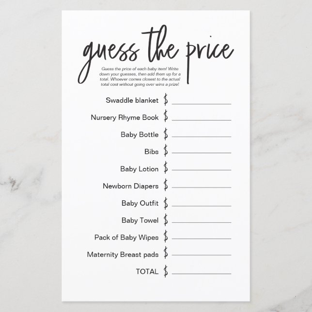 Modern Simple Baby Shower Game Guess the Price  (Front)