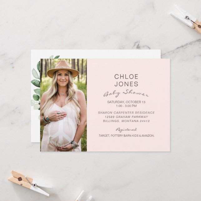 Modern Simple Baby Shower Photo Champagne Pink Invitation (Front/Back In Situ)