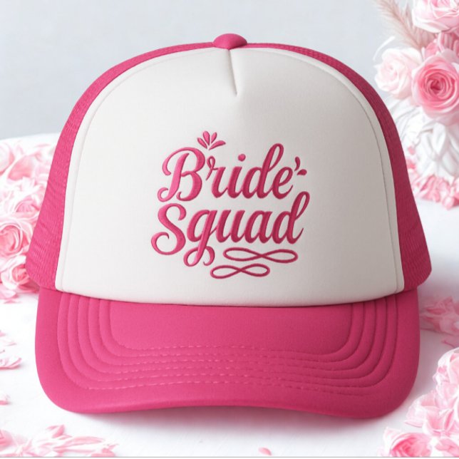 Modern Simple Bachelorette Bride Squad Pink Text Trucker Hat (Modern simple bride squad baseball hat)
