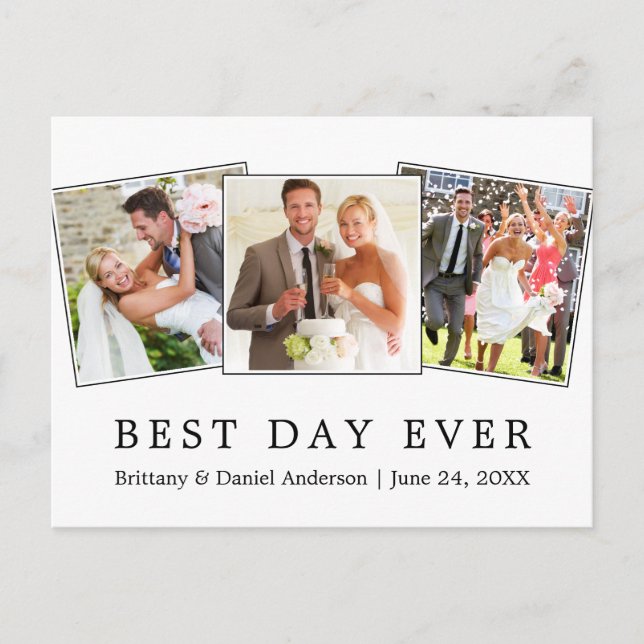 Modern Simple Best Day Ever Wedding 3 Photo Postcard (Front)