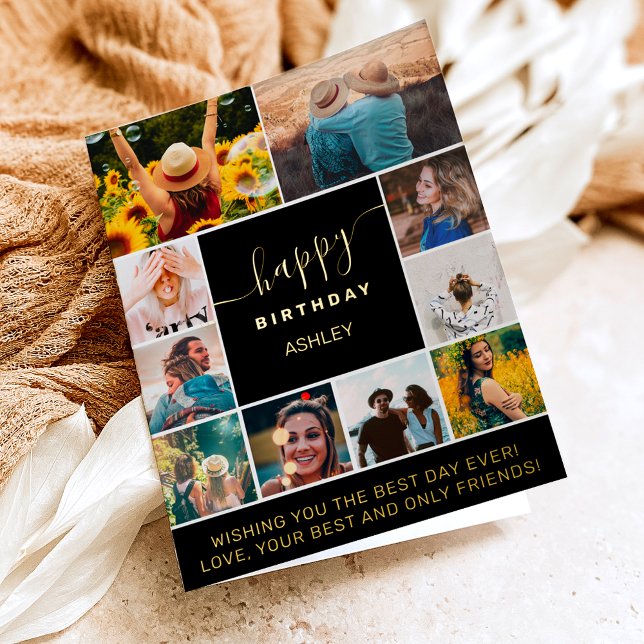 Modern simple birthday black 10 photo collage grid foil greeting card (Creator Uploaded)