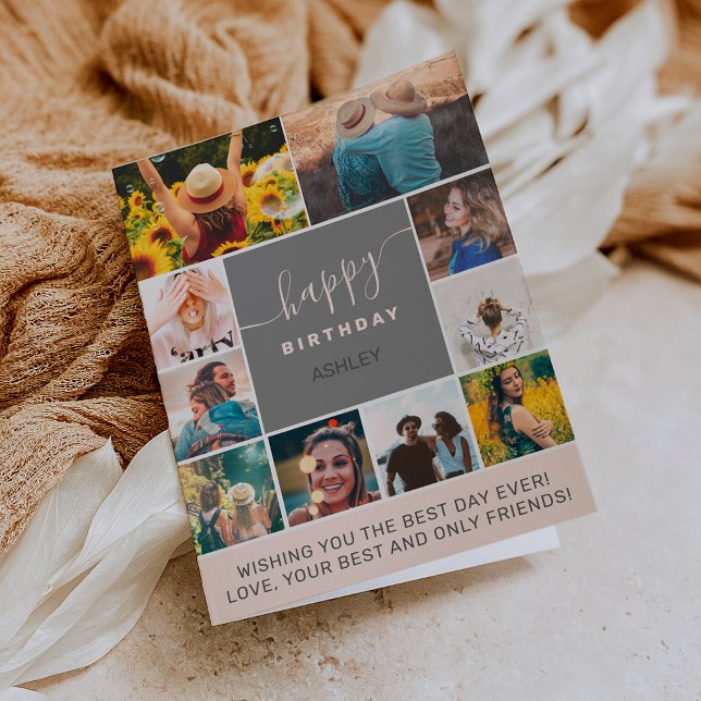Modern simple birthday pink 10 photo collage grid card (Creator Uploaded)
