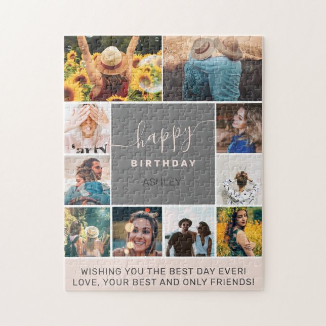 Modern simple birthday pink 10 photo collage grid jigsaw puzzle (Vertical)