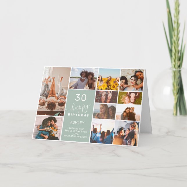 Modern simple birthday sage green 12 photo collage card (Front)