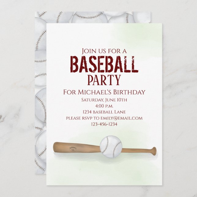 Modern Simple Birthday Watercolor Baseball Cute Invitation (Front/Back)