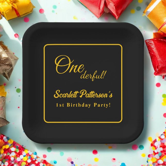 Modern Simple Black And Gold Elegant 1st Birthday Paper Plate (Creator Uploaded)