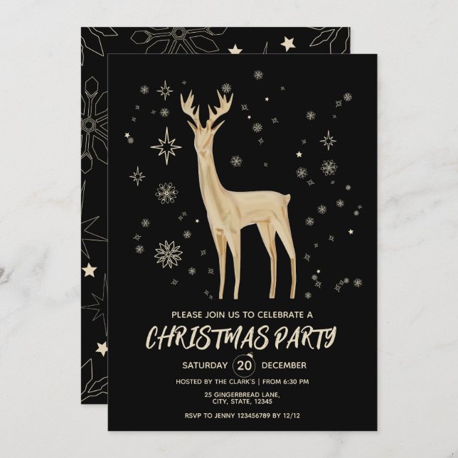 Modern Simple Black and Gold Elegant Deer Xmas Invitation (Front/Back)
