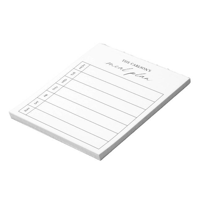 Modern Simple Black and White Elegant Meal Planner Notepad (Rotated)