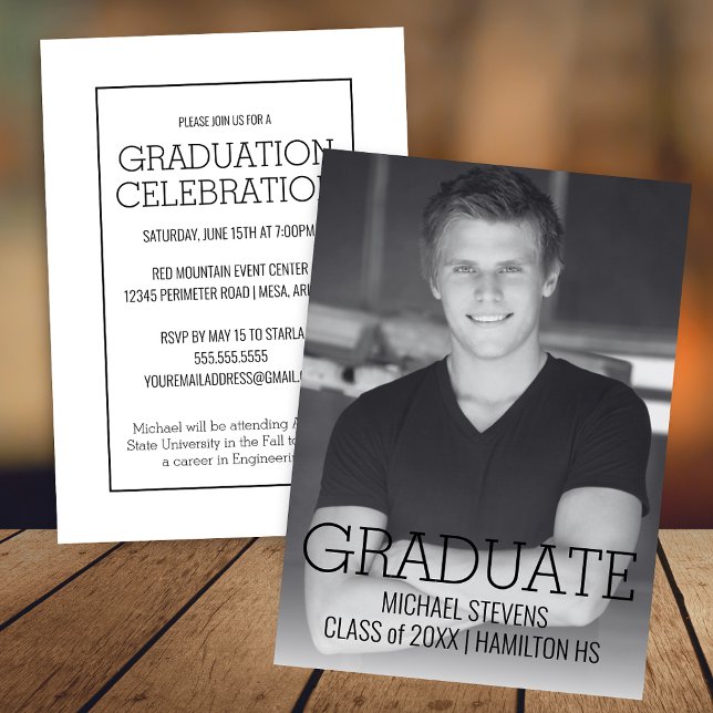 Modern Simple Black and White Graduatation Announcement (Modern Minimalist Simple Black and White Photo Graduation Announcement for High School or College)
