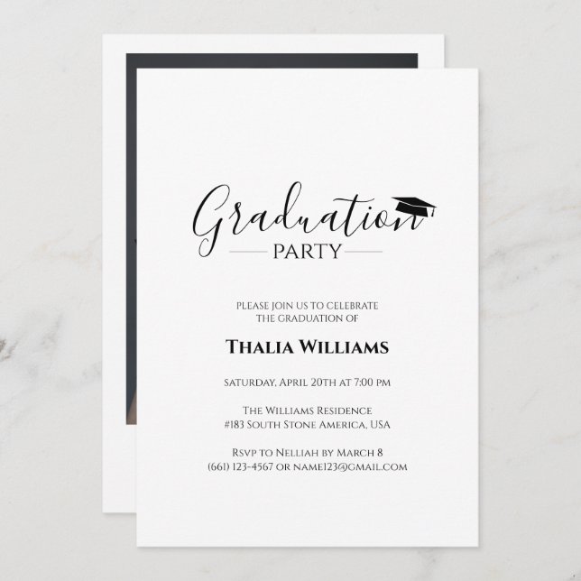 Modern Simple Black and White Graduation Party Invitation (Front/Back)
