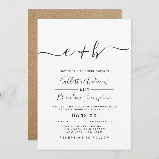 Modern Simple Black and White Monogram Wedding Invitation (Front/Back)