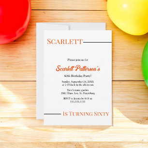 Modern Simple Black And White Orange 60th Birthday Invitation