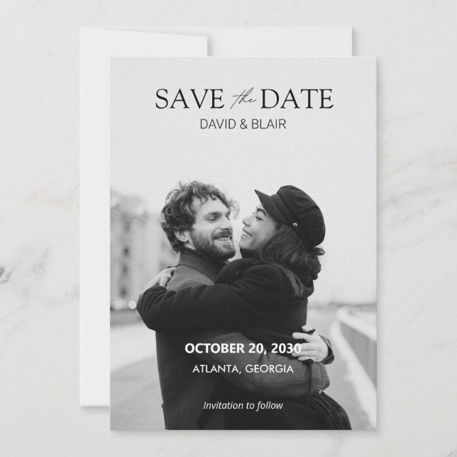 Modern simple Black and white photo wedding  Save The Date (Front)