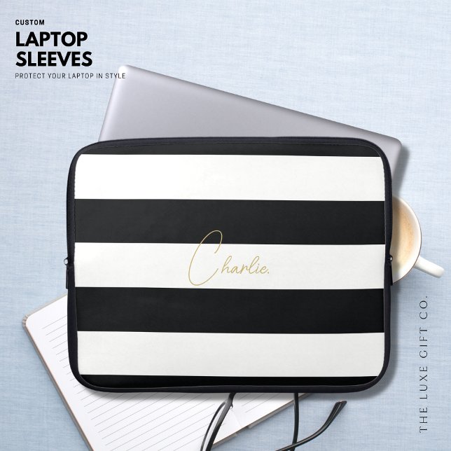 Modern Simple Black and White Stripe Script Name Laptop Sleeve (Creator Uploaded)
