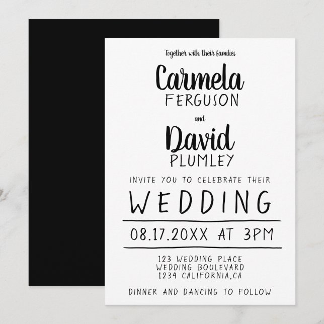 Modern simple black and white typography  wedding invitation (Front/Back)