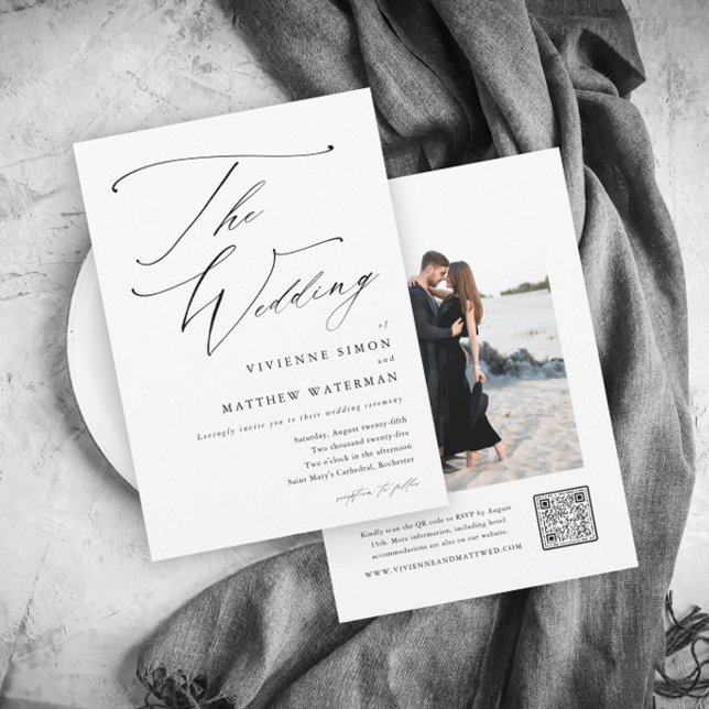 Modern Simple Black and White Wedding Invitation (Elegant script photo wedding invitation with QR Code Rsvp on the back.)