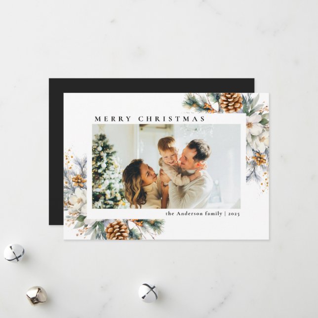 Modern Simple Black Botanical | Photo Christmas Holiday Card (Front/Back In Situ)