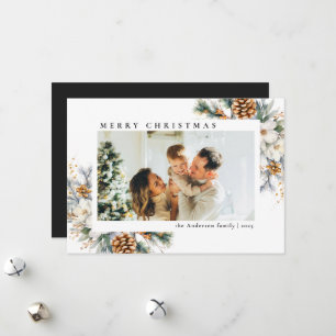 Modern Simple Black Botanical   Photo Christmas Holiday Card