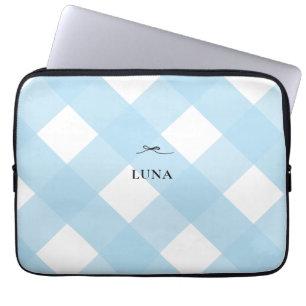 Modern Simple Black Bow Blue Monogram Gingham Laptop Sleeve