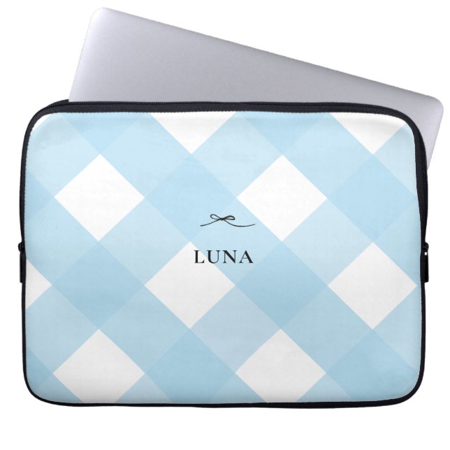 Modern Simple Black Bow Blue Monogram Gingham Laptop Sleeve (Front)