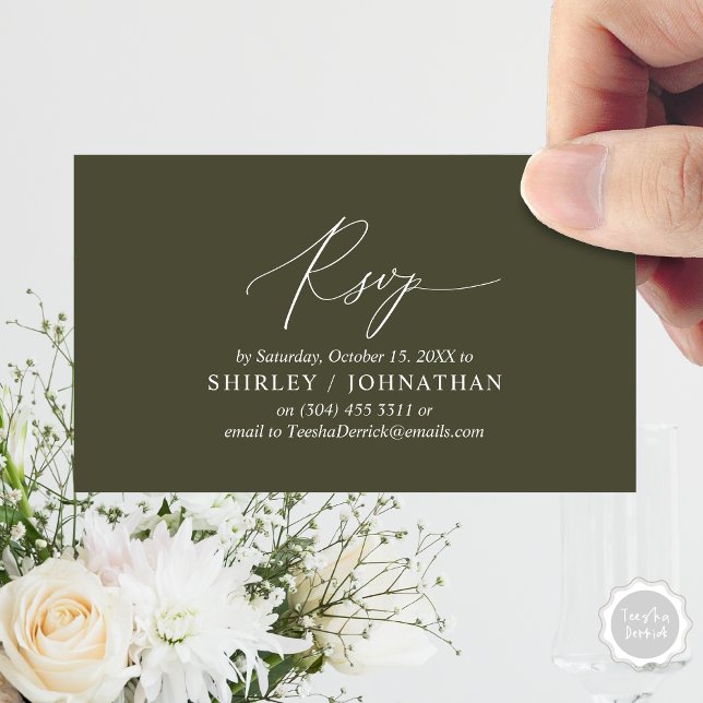 Modern Simple Black Calligraphy, Wedding RSVP Enclosure Card (Wedding Dinner Invitation RSVP Enclosed Card, Online, Email, Modern Romantic, in Olive Green)