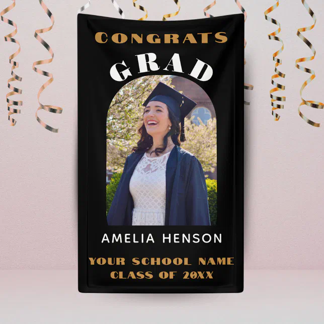 Modern Simple Black Congrats Grad Photo Backdrop Banner | Zazzle