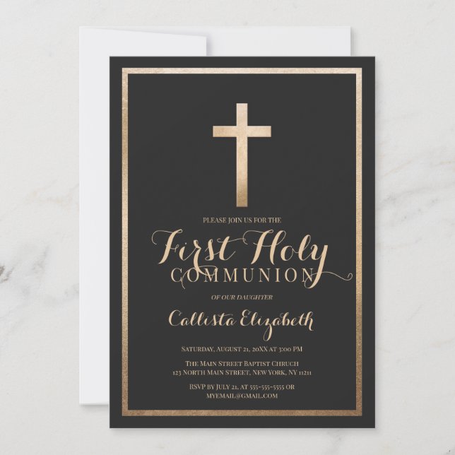 Modern Simple Black Gold Cross Border Communion Invitation (Front)