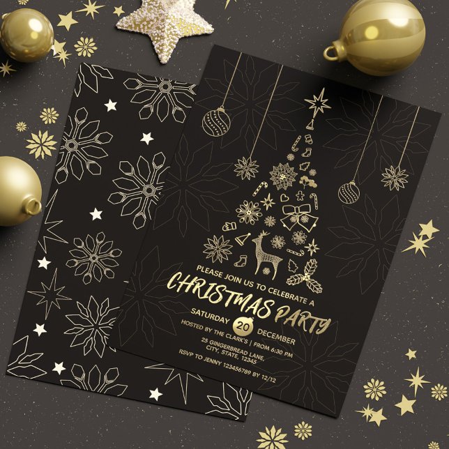 Modern Simple Black & Gold Elegant Christmas Tree (Modern Simple Black & Gold Elegant Christmas Tree Foil Invitation)