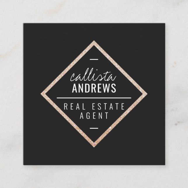 Modern Simple Black Gold Glitter Diamond Square Square Business Card (Front)