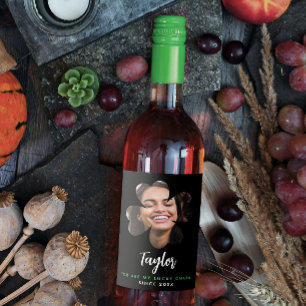 Modern Simple Black Lucky In Love Clover Photo Wine Label