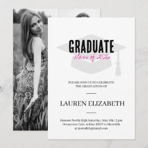 Modern Simple Black &Pink 3Photo Graduation Invitation