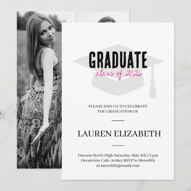 Modern Simple Black &Pink 3Photo Graduation  Invitation (Front/Back)