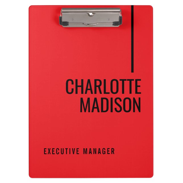 Modern Simple Black Red Minimalist Bold Text Name Clipboard (Front)