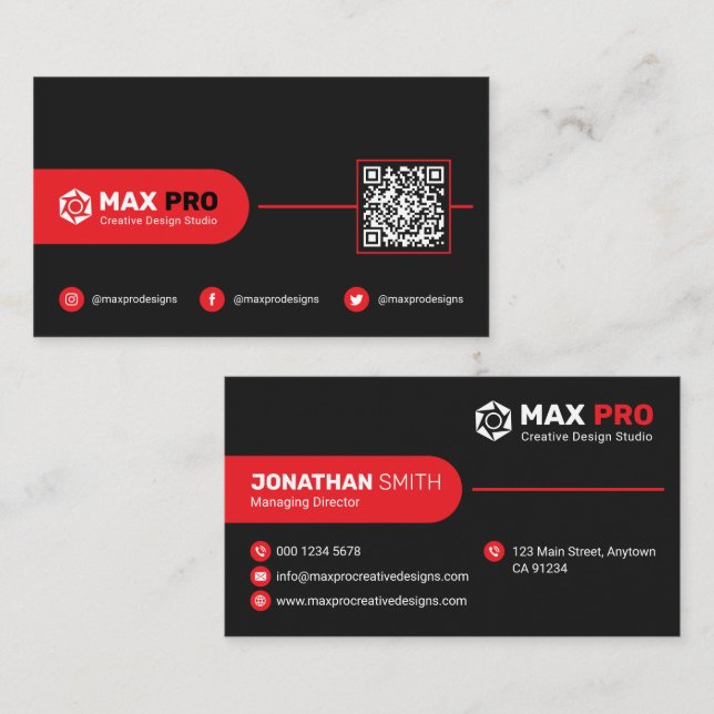 Modern Simple Black & Red QR Code , Logo Corporate Business Card (Front/Back)