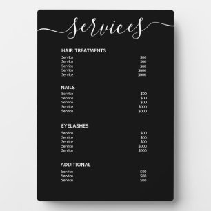 Modern Simple Black Salon Price List Service Menu Plaque